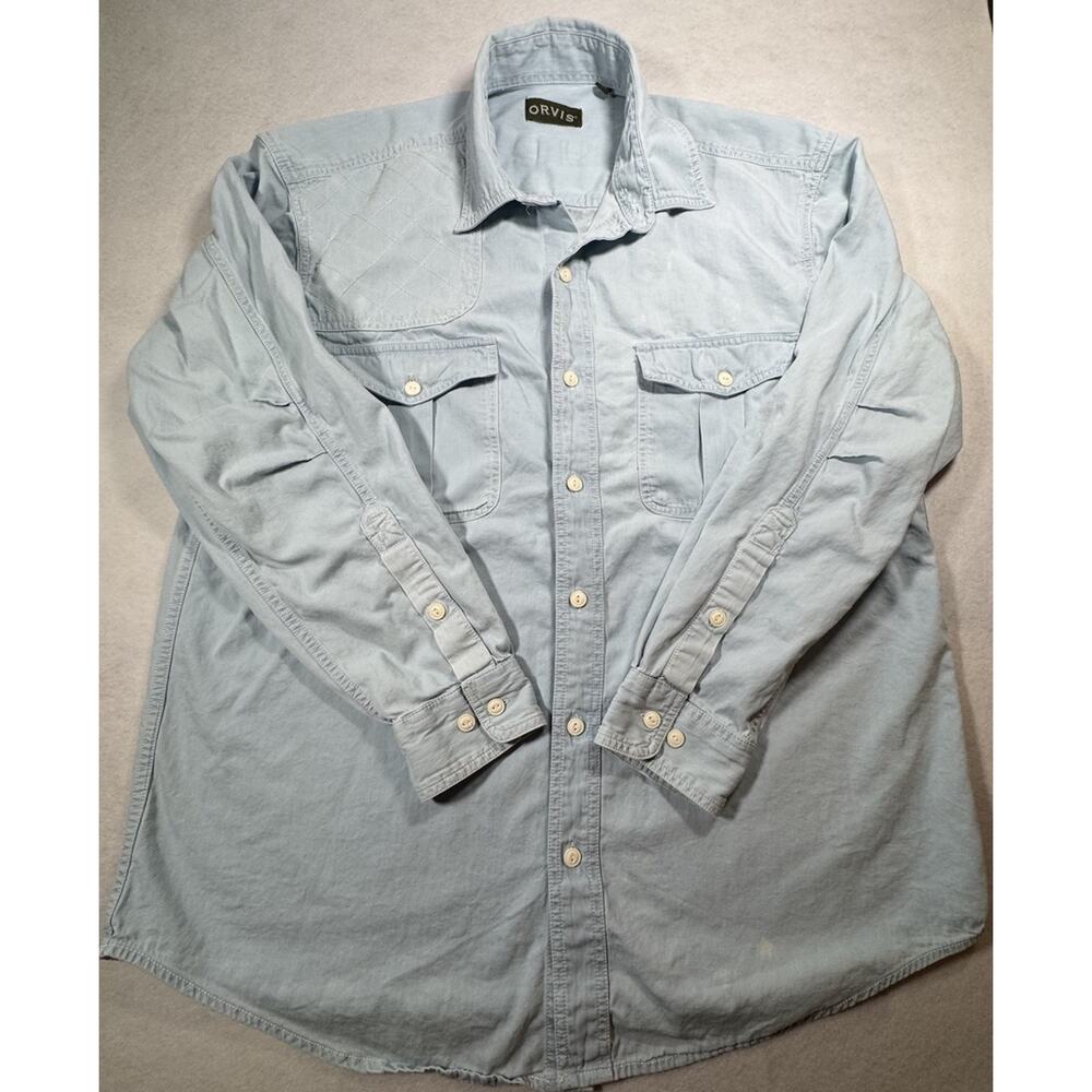 Orvis Shooting Shirt Long Sleeve Washed Denim Quilted Right Shoulder Mens L